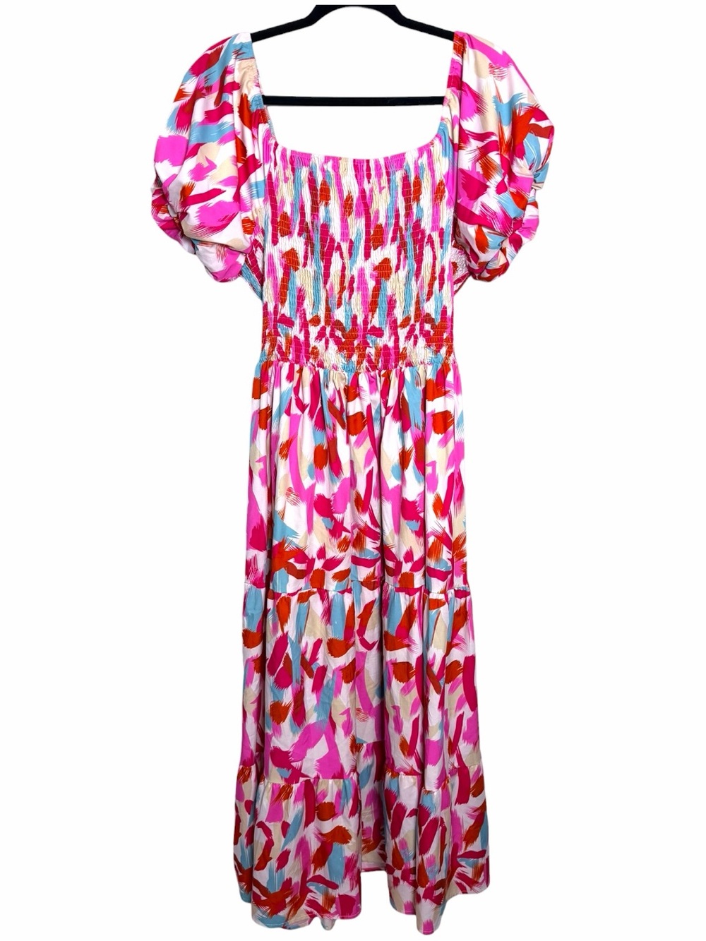 Abstract Brushstroke Smocked Puff Sleeve Tiered Maxi Dress XL Resort - Picture 2 of 9
